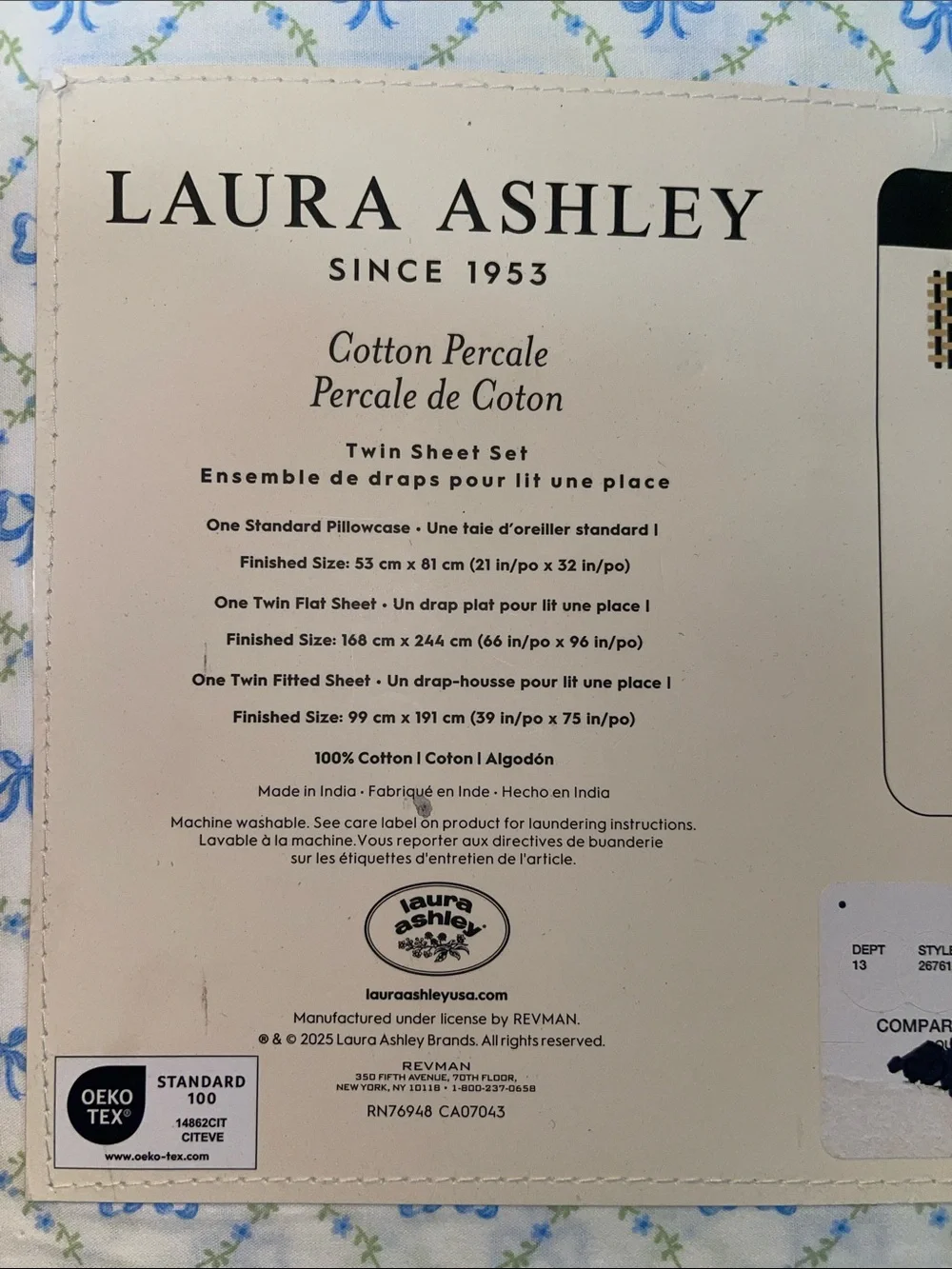 Laura Ashley Blue & White Bow Cotton Percale Twin Sheet Set